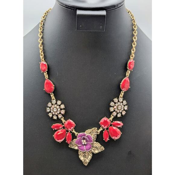The Delta Box Red Bead Rhinestone Purple Enamel Flower Statement Necklace - Picture 1 of 6